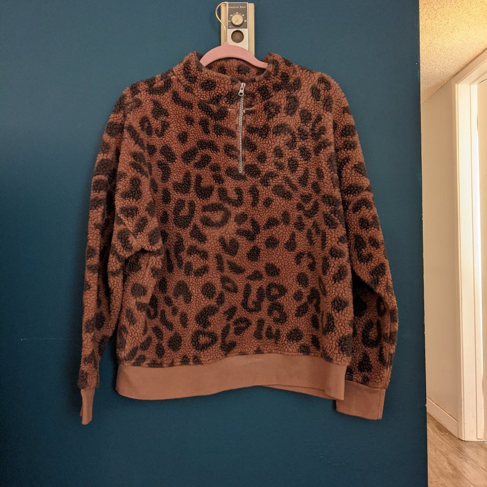 Grayson Threads Cheetah Sherpa 1/4 zip sweater